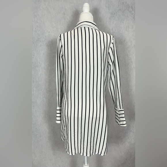 White and black strip button down long sleeve shirt wrap dress linen - Picture 11 of 13
